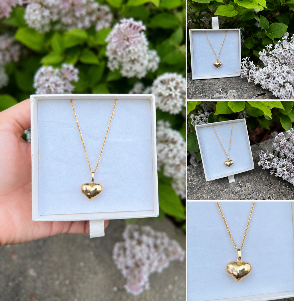 18K Gold Textured Heart Necklace (750)